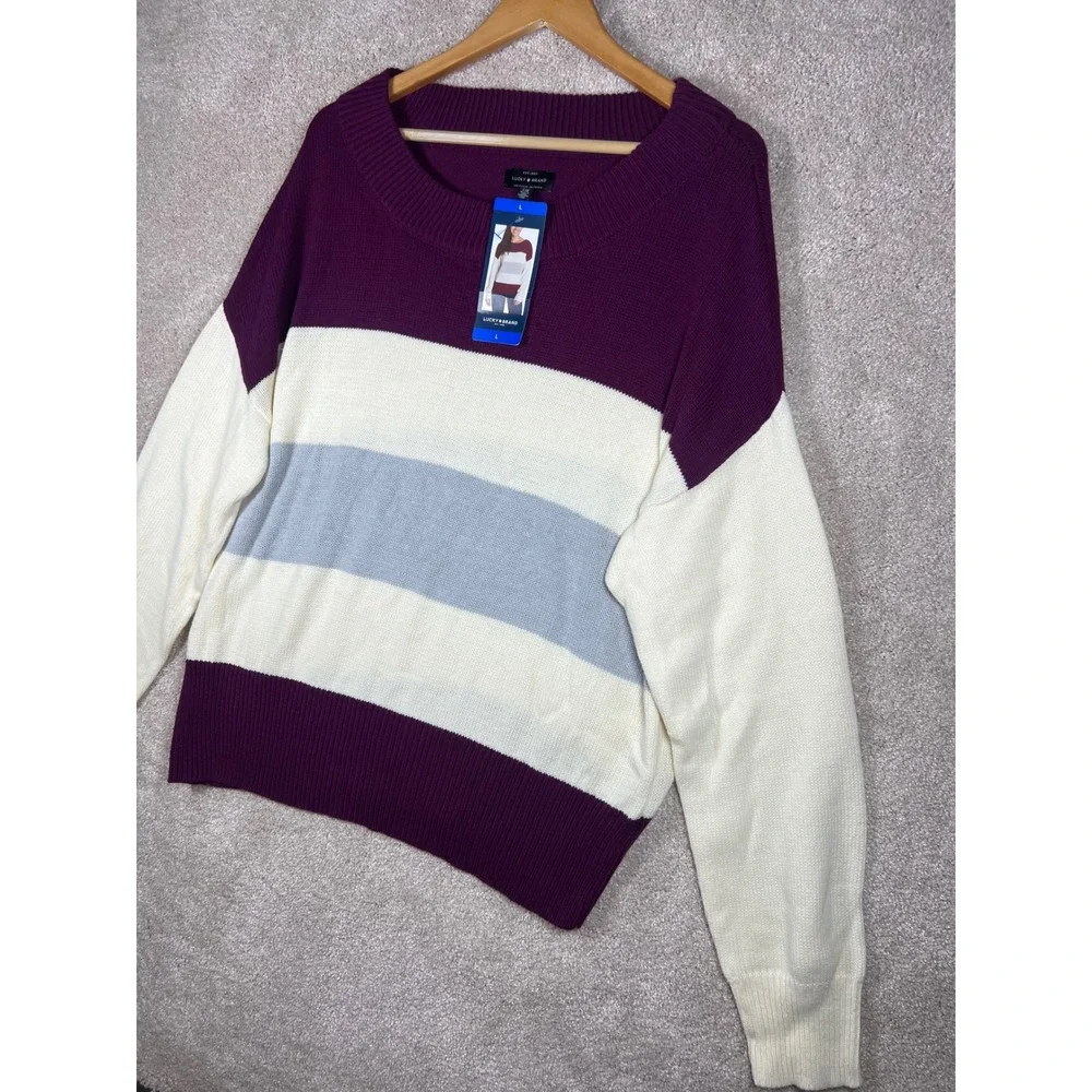 NWT Lucky Brand Womens Striped Boat Neck Long Sleeve Pullover Sweater Burgundy L
